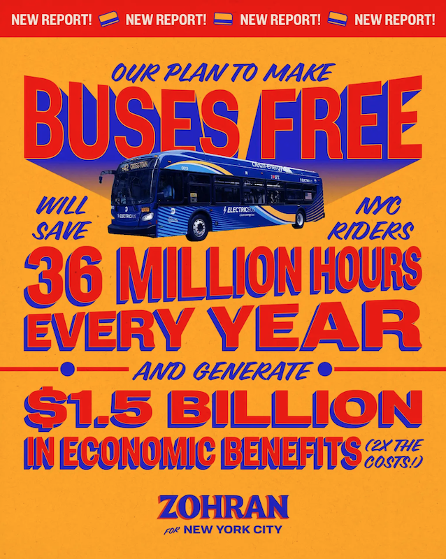 Banner de Campanha Eleitoral sobre plano para implantação da Tarifa Zero: - New Report - Our Plan to make buses free will save NYC riders - 36 million hours every year - And generate $ 1,5 billion in economic Benefits (2x the costs) - Zohran Mamdani for New York City